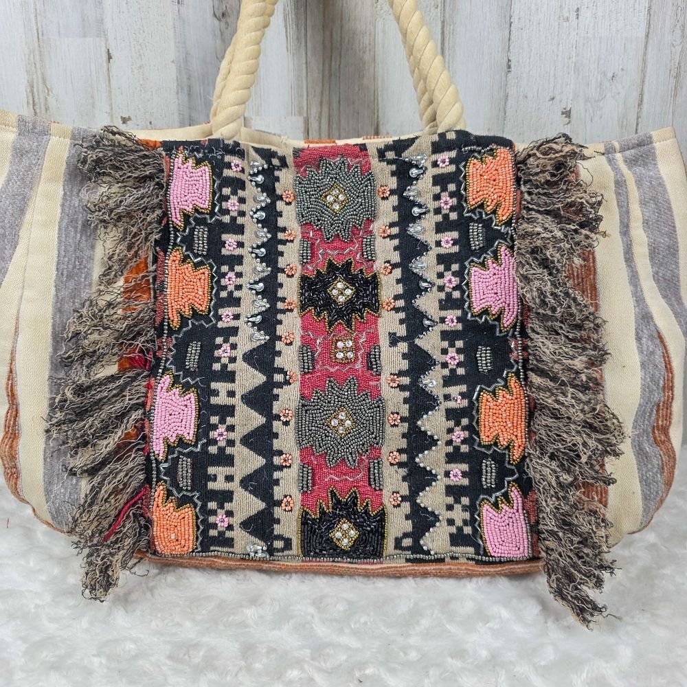Evelyn K New York Wool Cotton Bohemian Raga Bonita Beaded Fringe Tassel Tote Bag
